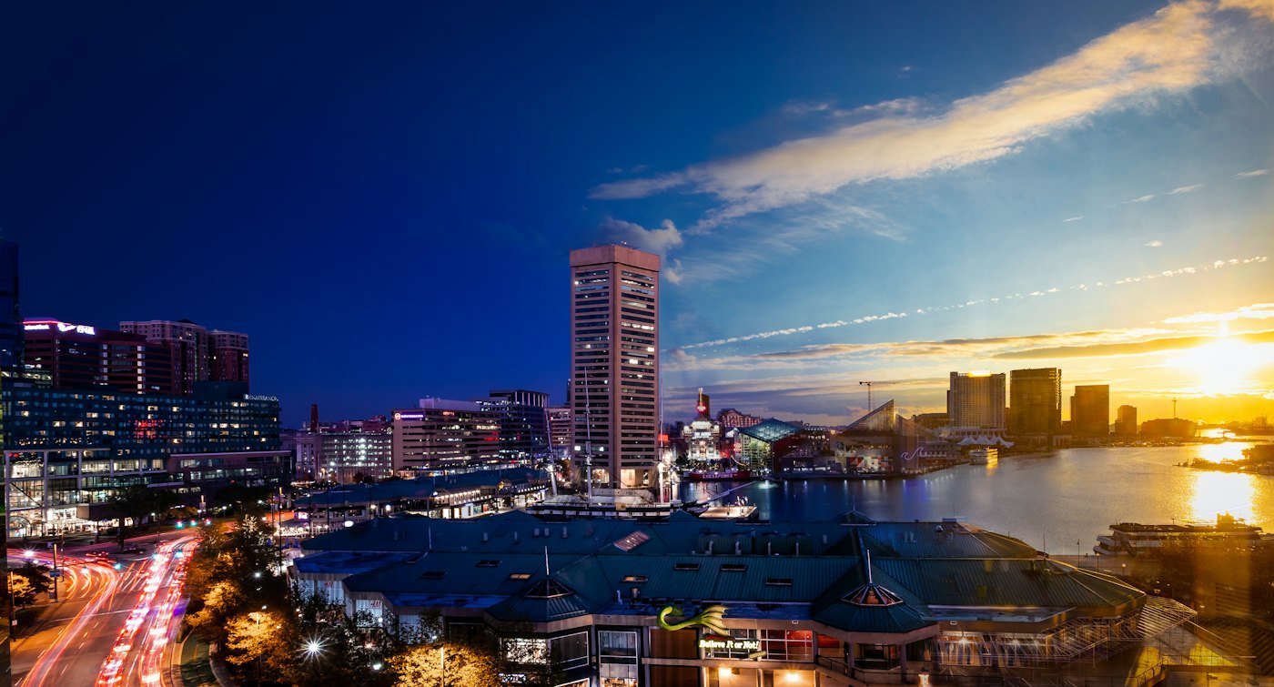 Baltimore harbor and city lights at dusk